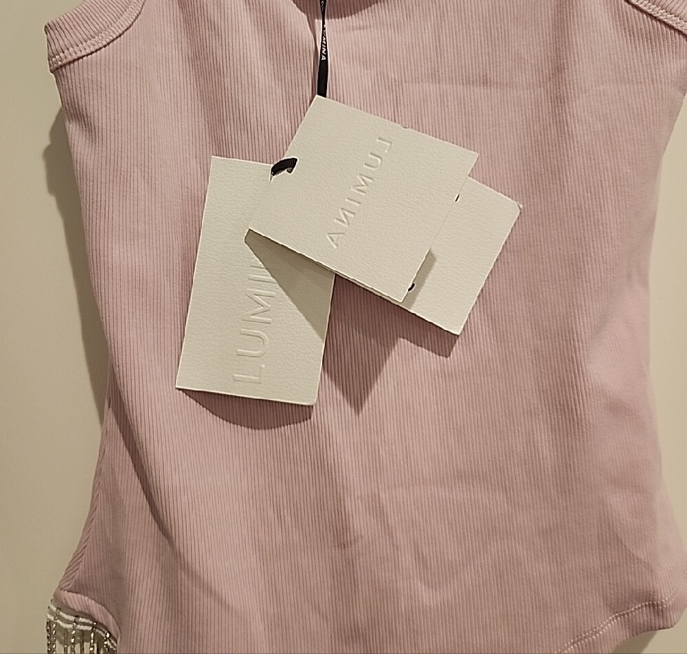 LUMINA Light Pink Ribbed Tank with Rhinestone Fringe - Picture 2 of 8